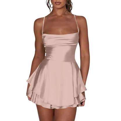 Ladies' Silk And Satin Elegant Sexy Slim Beautiful Backless Short Dress Cowl Neck Cross Spaghetti Strap Party Pleated Mini Skirt