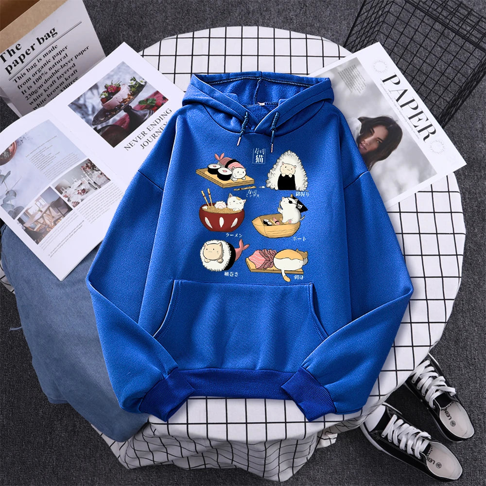 Sushi Cat's Day Harajuku Printed Hoody Womens Fashion Loose Clothing Autumn Fleece Sweatshirt Casual O-Neck Female Streetwear