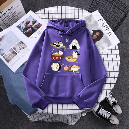 Sushi Cat's Day Harajuku Printed Hoody Womens Fashion Loose Clothing Autumn Fleece Sweatshirt Casual O-Neck Female Streetwear