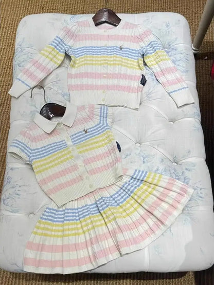 Spring Summer New Arrival Kids Knitted Ice Cr  ort Sve Cardigan Skirt Set Cotton Korean Sle Children's Clothing