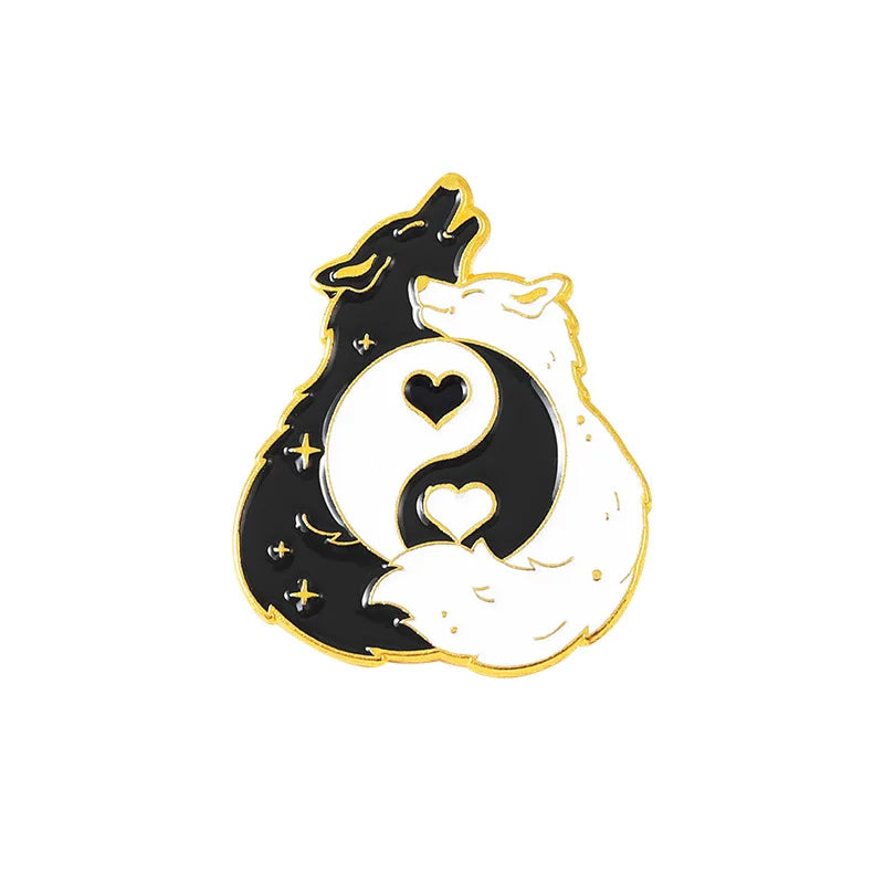 Cartoon Black White Animal Hug Enamel Pins Fox Koi Fish Dinosaur Deer Rabbit Crescent Ghost Alloy Brooch Badge Fashion Jewelry