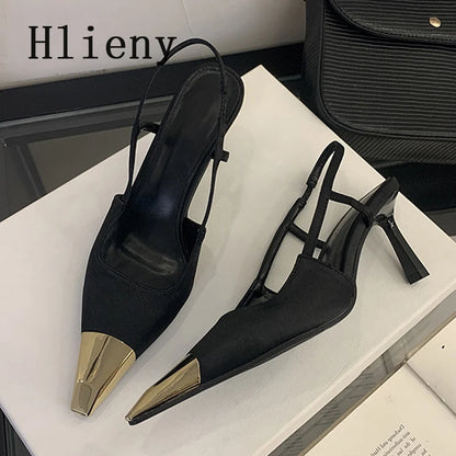 Hlieny Spring Street Style Back Strap Pumps Women Sexy Splicing Pointed Toe Elegant Thin Low Heels Mule Party Dress Shoes Sandal