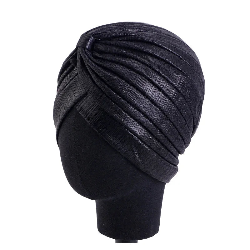 New Women Gold Silver Turban Hats Chemo Bandana Hijab Pleated Indian Cap Turbante Hat Ladies Hair Loss Headscarf Muslim Headwear