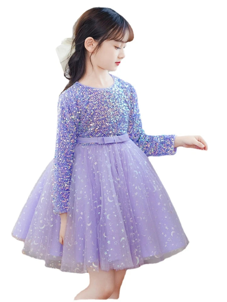 2023 Girls Autumn Long Sleeve Sequin Mesh Ball Gown Dress Stage Performance Princess Dress Kids Sweet Host Dresses 3-14Years