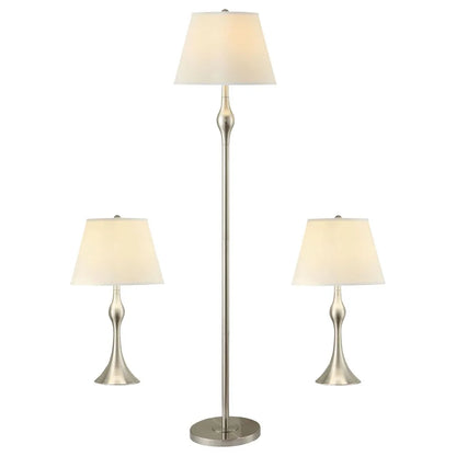 Beige and Brushed Nickel 3-Piece Lamp Set， includes a floor lamp along with two matching table lamps