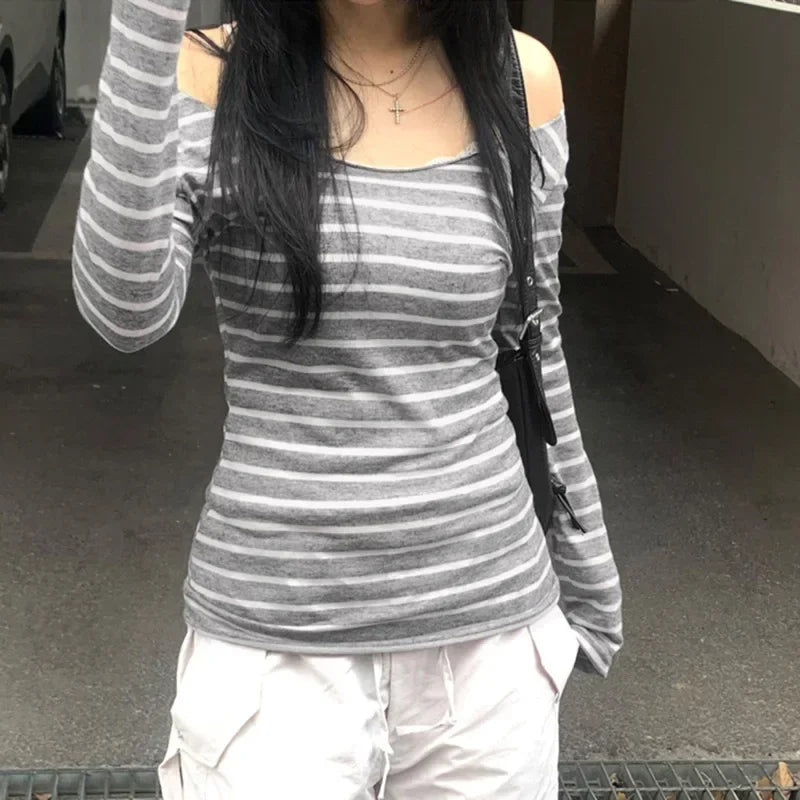 Casual Basic Striped T Shirt Slim O-Neck Long Sleeve Tees Women 2024 Autumn Spring Fashion Streetwear Ladies Underwear