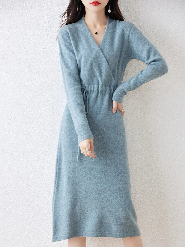 100% Wool Knitting Dresses Women 2023  Winter New Fashion Length-keen Warm&Best Quality Female V-neck Cloth Chinese Style Skirt