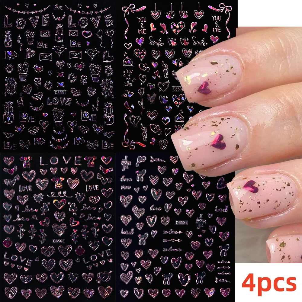 8Pcs Red Heart Nail Stickers 3D Bronzing Silver Gold Heart Shape Star & Moon Metal Totem Nail Slider Self-Adhesive DIY Nail Art*