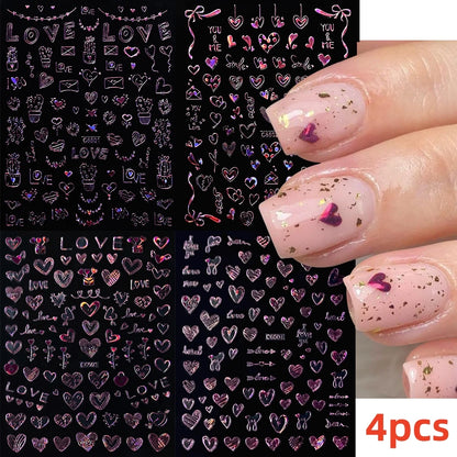 8Pcs Red Heart Nail Stickers 3D Bronzing Silver Gold Heart Shape Star & Moon Metal Totem Nail Slider Self-Adhesive DIY Nail Art*