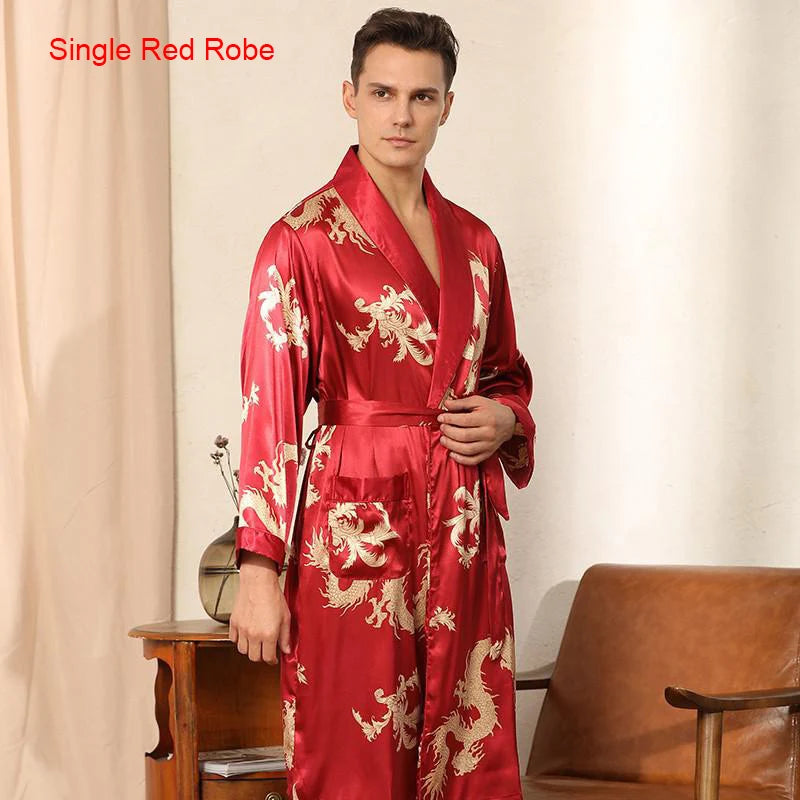 Male Satin Sleepwear Robe&Pants Dargon Pajamas Set Print Men Nightwear Kimono Bathrobe Gown Faux Silk Lounge Wear Home Clothes