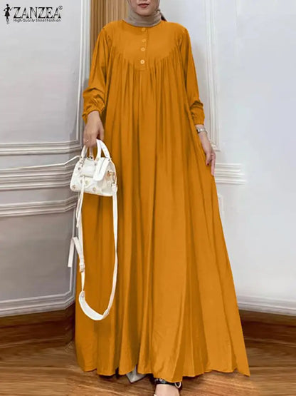 Women Autumn Muslim Long Dress Abaya Long Sleeve Hijab Vestidos Islamic Robe Femme ZANZEA Vintage Ramadan Maxi Sundress Kaftan