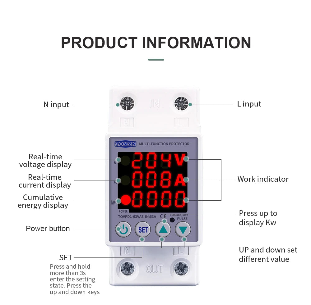 Din Rail Dual Display Adjustable Over Voltage Current and Under Voltage Protective Device Protector Relay 40A 63A 80A 220V 230V