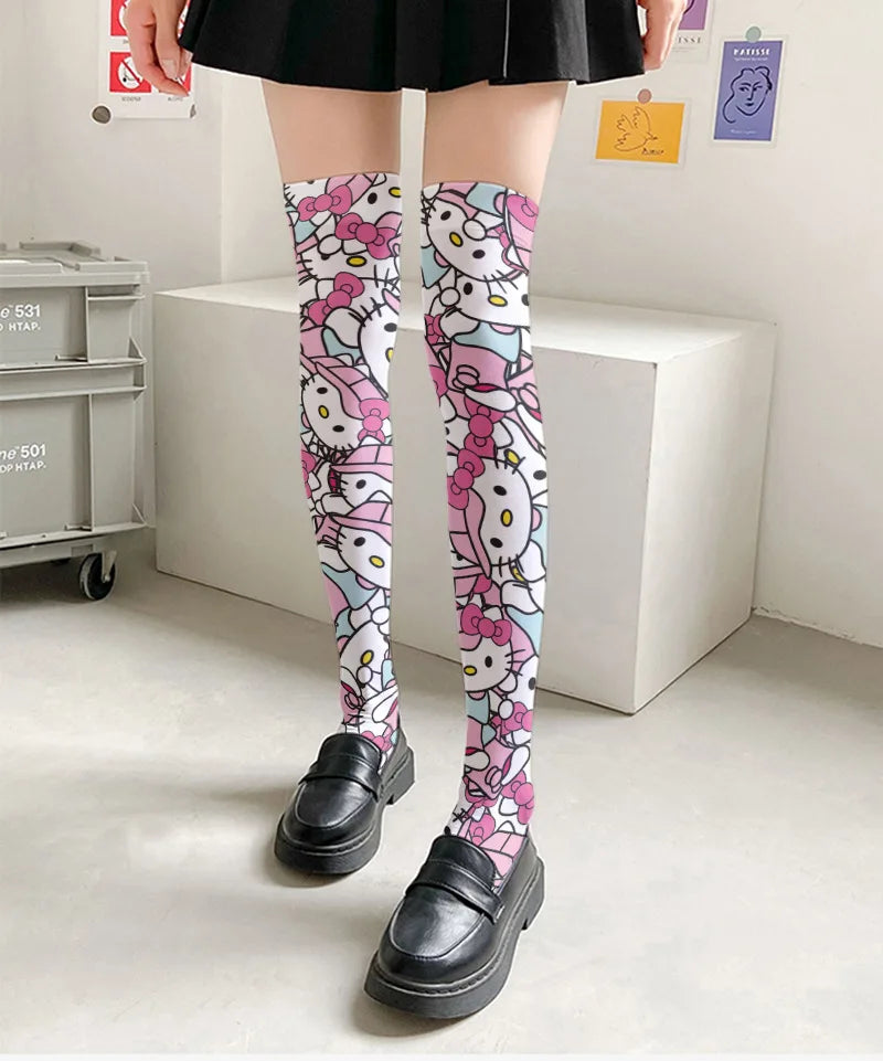 New Kawaii Hello Kitty My Melody Elasticity Ladies Knee Socks Anime Sanrios Girls Ultra-thin Spring Summer Lolita Long Stocking