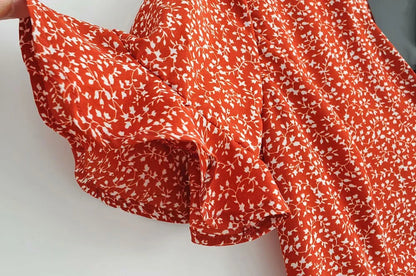 2024 Petal Sleeve Dress Red Floral Print Buttons Summer Dress Casual Boho Party Midi Dresses