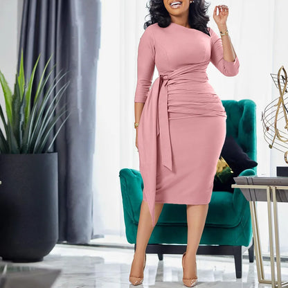 Elegant Lace-Up Bodycon Dresses for Women Three Quarter Sleeve Office Lady Party Fashion Folds Bandage African Dress Vestido