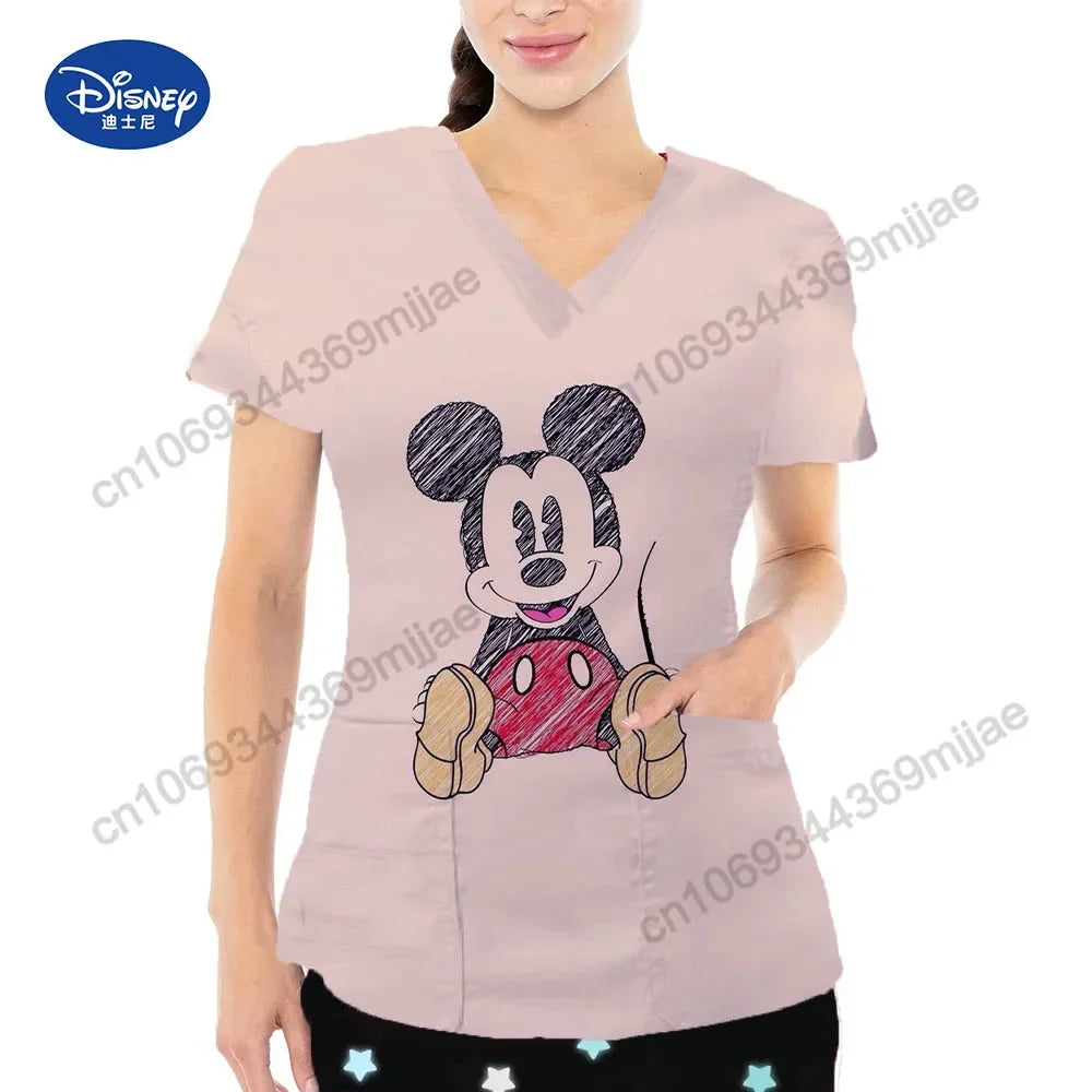 2024 Summer New Disney Cartoon Pattern Top Fashion V-neck Double Pocket Design Style T-shirt Casual Comfortable Women's Wear