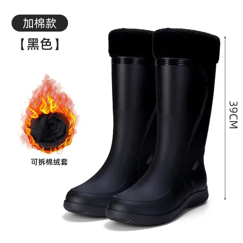 Men's Rain Boots Long Tube Water Shoes Non-slip Waterproof Safety Work Shoes Black Red Platform Cotton high-top outer wear