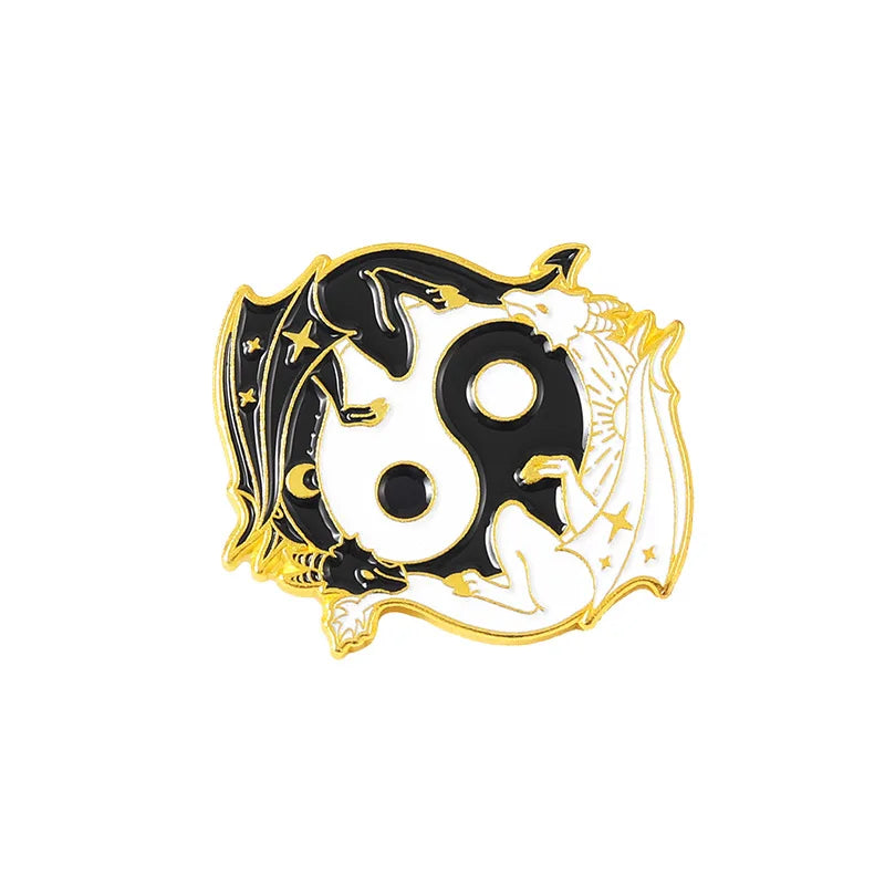 Cartoon Black White Animal Hug Enamel Pins Fox Koi Fish Dinosaur Deer Rabbit Crescent Ghost Alloy Brooch Badge Fashion Jewelry