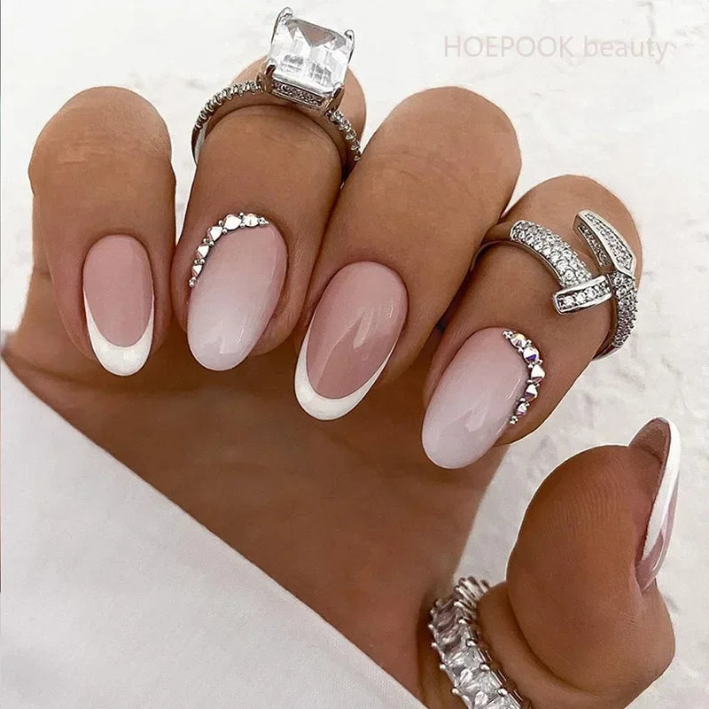 24pcs Black 3D Bow Almond Fake Nails Tips Pearl Love Sequin Design False Nails Art Removable Waterproof Artificial Press on Nail