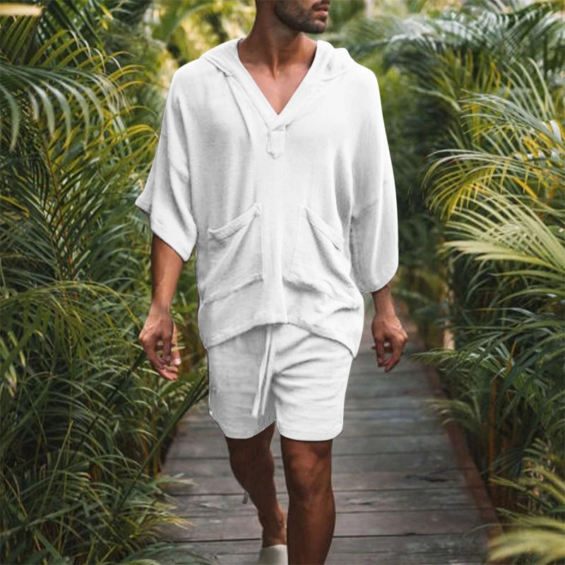 2pcs/set Men Summer Cotton Linen Shirt Set Loose Casual Tops Shorts Suit Short Sleeve Pajamas Comfy Breathable Beach Shorts