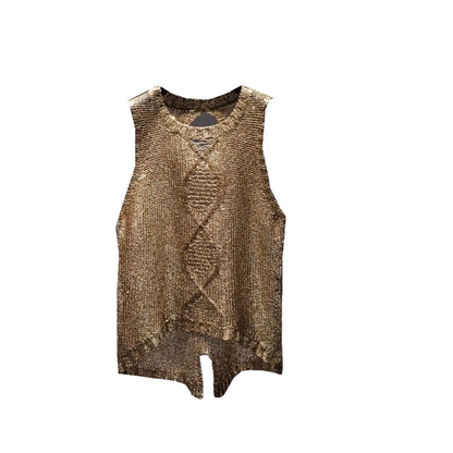 Chun Xia Sexy Hollow Out Round Collar Split Sequins Condole Belt Vest Perspective Sequined Sleeveless Blouse Tank Top Woman