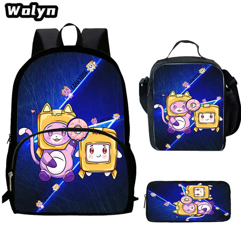 3Pcs Set LankyBox School Backpacks with Lunch Bag Pencil Case,Cartoon Large Capacity School Bags for Grade 1-4,Mochila for Pupil