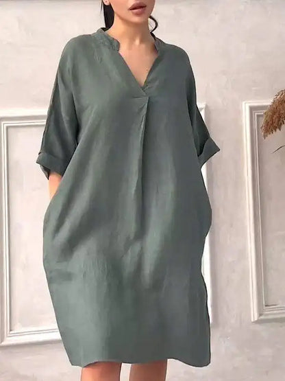 Fashion Cotton And Linen Women's V-neck Loose Dress 2025 Spring And Summer Solid Color Casual Short Sleeved Pocket Midi Dresses