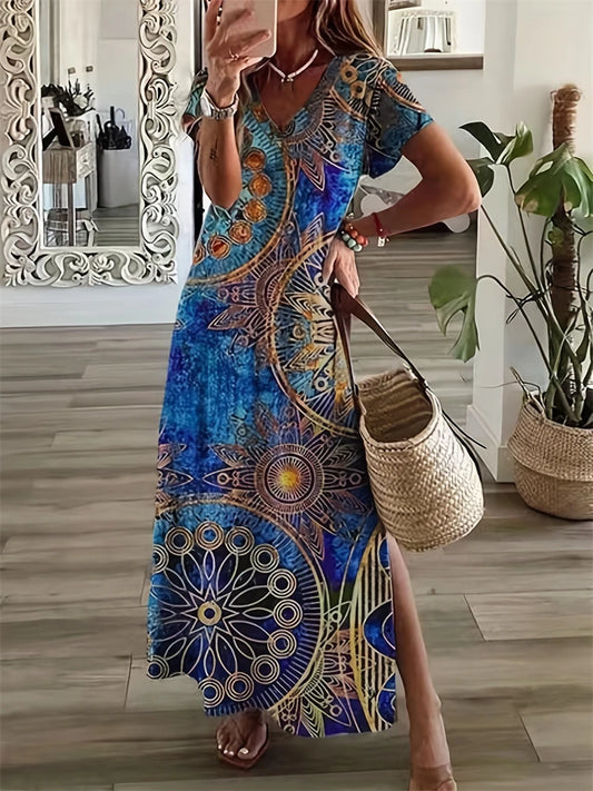 Vintage Geometric Irregular Printed T Shirt Long Women's Summer V-Neck Short Sleeve A-Line Dress Casual Vacation Slit Long Gowns