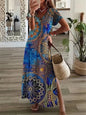 Vintage Geometric Irregular Printed T Shirt Long Women's Summer V-Neck Short Sleeve A-Line Dress Casual Vacation Slit Long Gowns