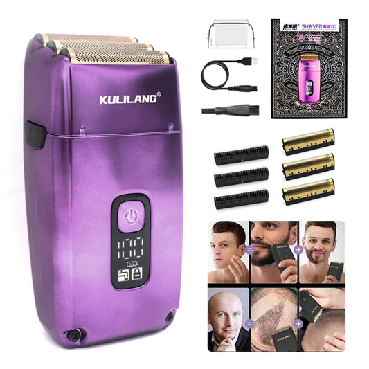 KULILANG R11 Men's Electric Shaver LCD Washable Beard Trimmer Reciprocating 3-Blade Shave System Professional Barber Shaver