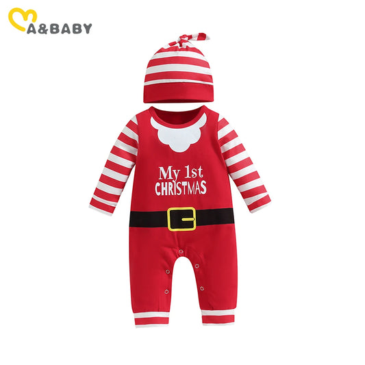 ma&baby 0-18m Christmas Newborn Infant Baby Romper Santa Costume Striped Letter Print Long Sleeve jumpsuit Hat Xmas Outfits D05