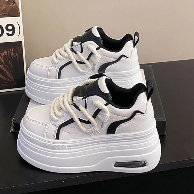Fashion Platform Sneakers Women Spring Autumn Comfort Round Toe Lace-up 8CM Thick Bottom Black White Casual Sport Shoes