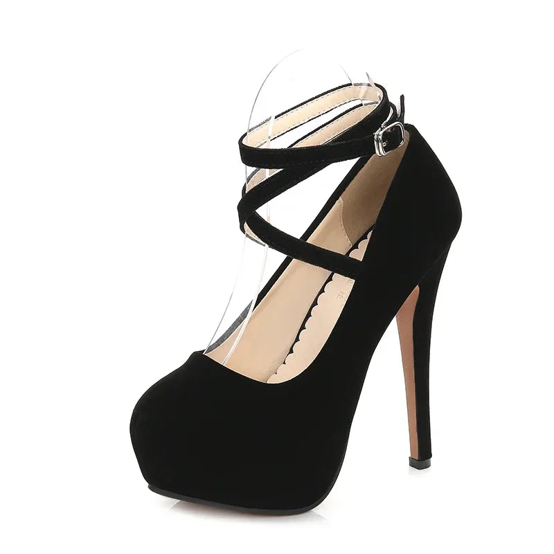 Pumps High Heel Women New Style Flock Fashion Cross Straps 14cm Heel High 4cm Platform Model Nightclub Sexy Plus Size 35-46