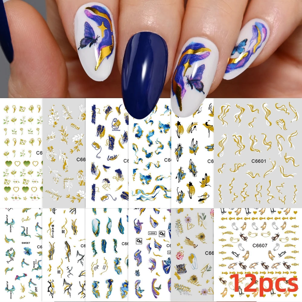 8Pcs Red Heart Nail Stickers 3D Bronzing Silver Gold Heart Shape Star & Moon Metal Totem Nail Slider Self-Adhesive DIY Nail Art*