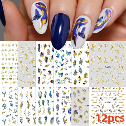 8Pcs Red Heart Nail Stickers 3D Bronzing Silver Gold Heart Shape Star & Moon Metal Totem Nail Slider Self-Adhesive DIY Nail Art*