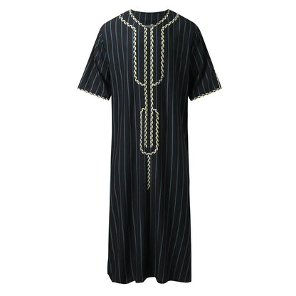 Men Muslim Summer Fashion Loose Robe Islam Kaftan Men Clothing Dubai Luxury Muslim Abaya Muslim V-neck Short Sleeve Printing