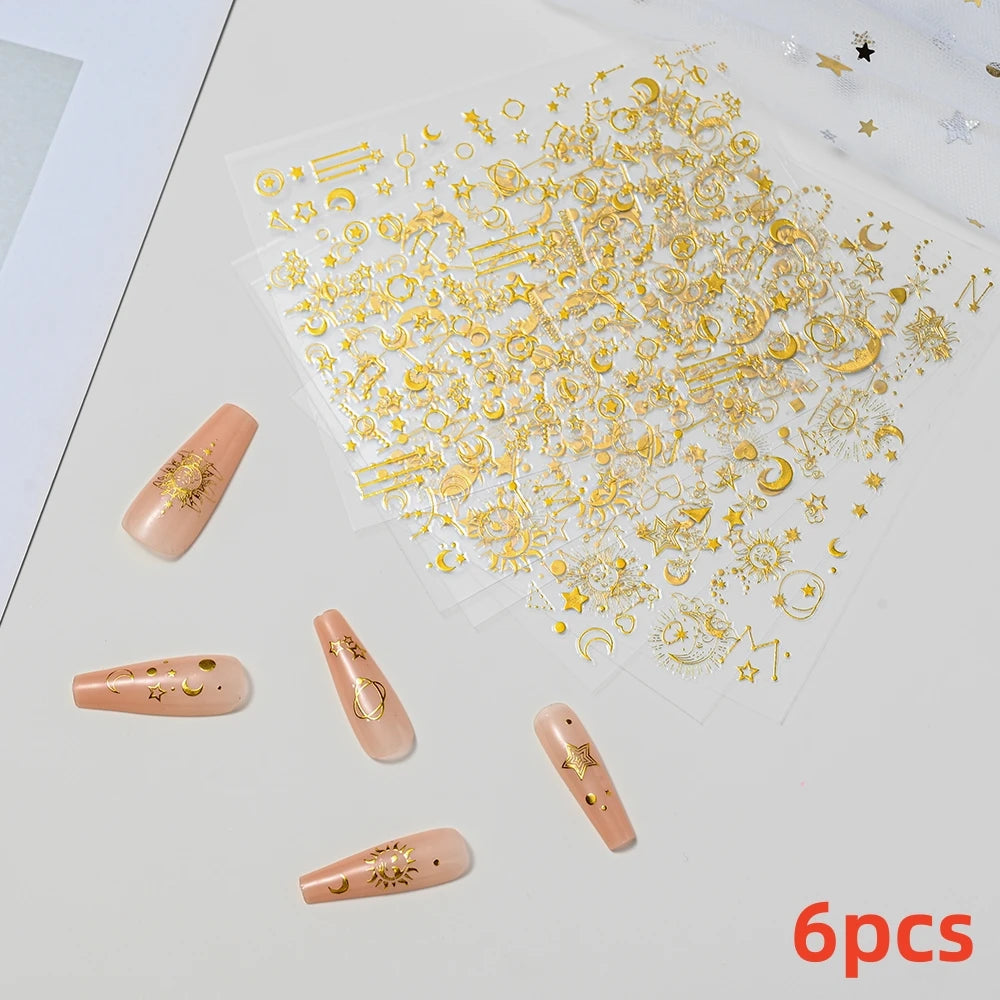 8Pcs Red Heart Nail Stickers 3D Bronzing Silver Gold Heart Shape Star & Moon Metal Totem Nail Slider Self-Adhesive DIY Nail Art*