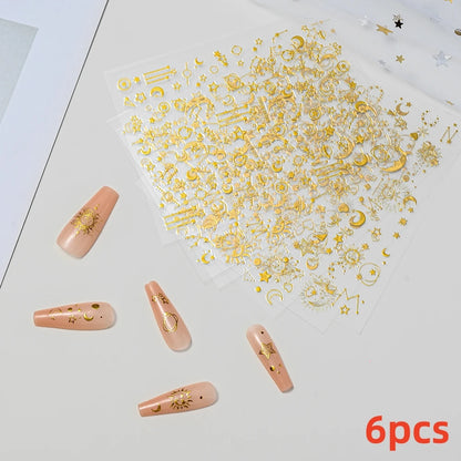8Pcs Red Heart Nail Stickers 3D Bronzing Silver Gold Heart Shape Star & Moon Metal Totem Nail Slider Self-Adhesive DIY Nail Art*