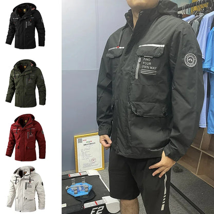 Men's Outdoor Sports Spring and Autumn Cross-Country Camping Hooded Jacket Casual Fashion Premium Slim-Fit Soft-Shell Jacket 6XL