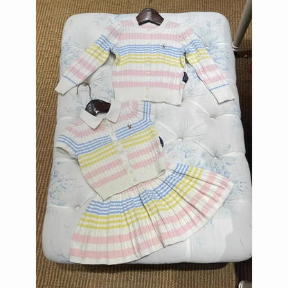 Spring Summer New Arrival Kids Knitted Ice Cr  ort Sve Cardigan Skirt Set Cotton Korean Sle Children's Clothing