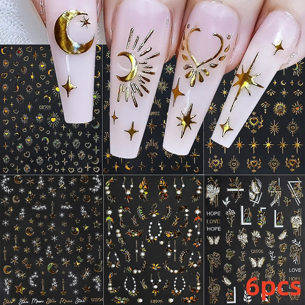8Pcs Red Heart Nail Stickers 3D Bronzing Silver Gold Heart Shape Star & Moon Metal Totem Nail Slider Self-Adhesive DIY Nail Art*