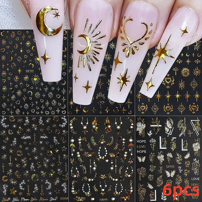 8Pcs Red Heart Nail Stickers 3D Bronzing Silver Gold Heart Shape Star & Moon Metal Totem Nail Slider Self-Adhesive DIY Nail Art*