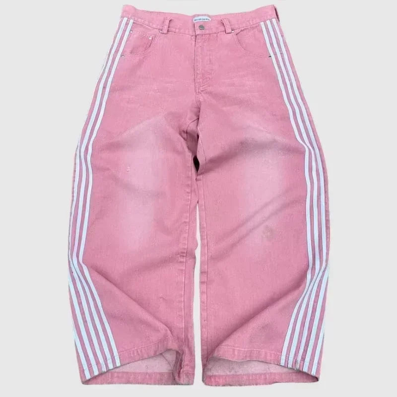 Y2K Cotton Sweatshirt clothes Two Piece streetwear high quality Striped Embroidery Baggy Jeans Net Red Fashion Tide Hoodie Set