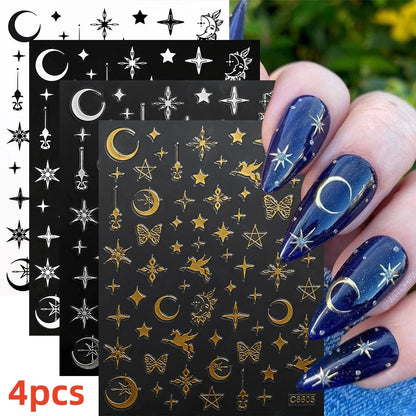 8Pcs Red Heart Nail Stickers 3D Bronzing Silver Gold Heart Shape Star & Moon Metal Totem Nail Slider Self-Adhesive DIY Nail Art*