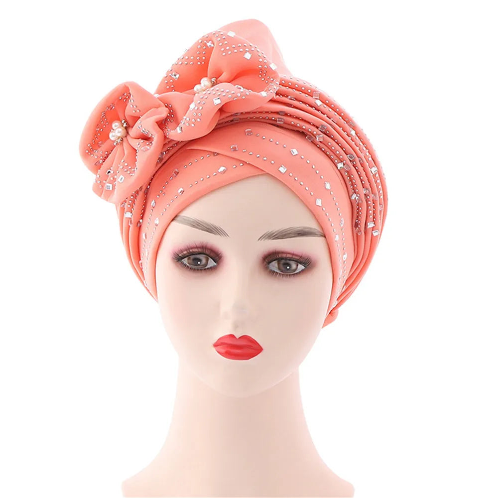 Fashion African Autogele Headtie Nigeria Party Headgear Women Head Wraps Female Turban Cap with Diamonds