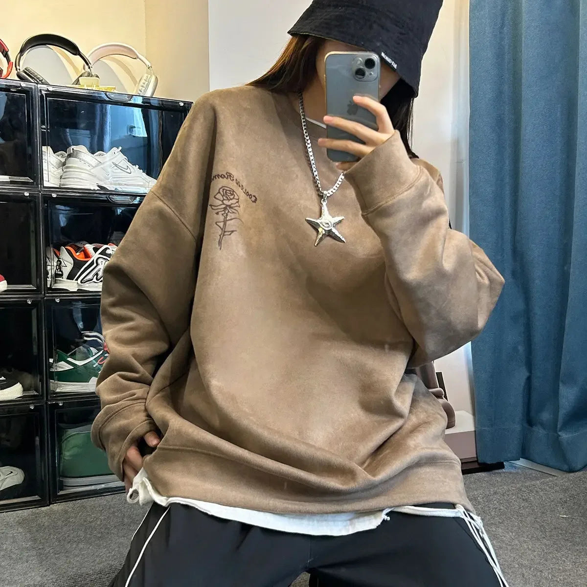 Autumn and winter American retro suede loose couple round neck loose sweatshirt for men and women lazy style and versatile y2k