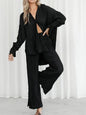 2024 Women Pleated 2 Piece Sets Long Sleeve Blouse Tops And Split Wide Leg Pant Suit Female Fashion Casual Loose Homewear Outfit