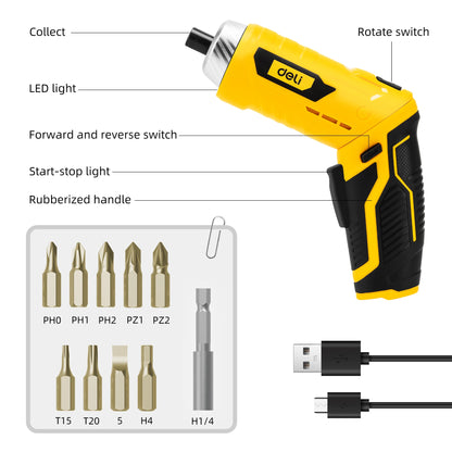 Deli 11pcs 3.6V USB Small Power Electric Screwdriver Set,Compact and Powerful Tool for Precision Fastening,Ideal for DIY