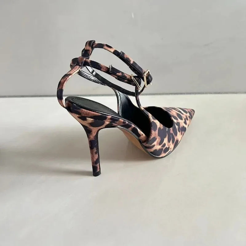 Leopard Print Pointed Toe Office Lady Shoes 2024 Autumn Designer Shallow Stilettos Large Size Ankle Strap Women High Heels Pumps