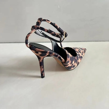 Leopard Print Pointed Toe Office Lady Shoes 2024 Autumn Designer Shallow Stilettos Large Size Ankle Strap Women High Heels Pumps